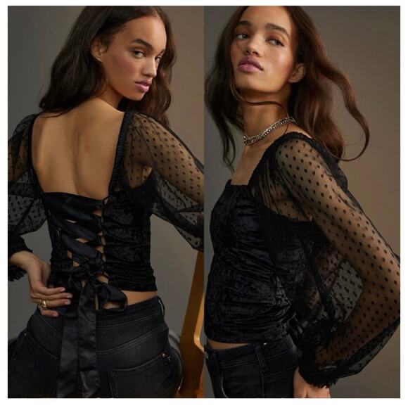 Anthropologie Porridge Black Velvet Lace Up Back Top Small Swiss Dot Puff Sleeve - Picture 1 of 12